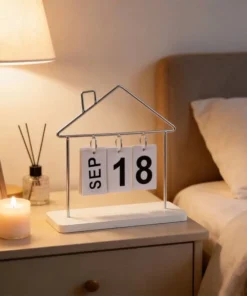 Lịch decor số để bàn với khung kim loại hình ngôi nhà và thẻ lịch lật thay đổi ngày tháng. Thiết kế tối giản, hiện đại, phù hợp trang trí bàn làm việc, bàn học, kệ sách hoặc không gian quán cà phê.